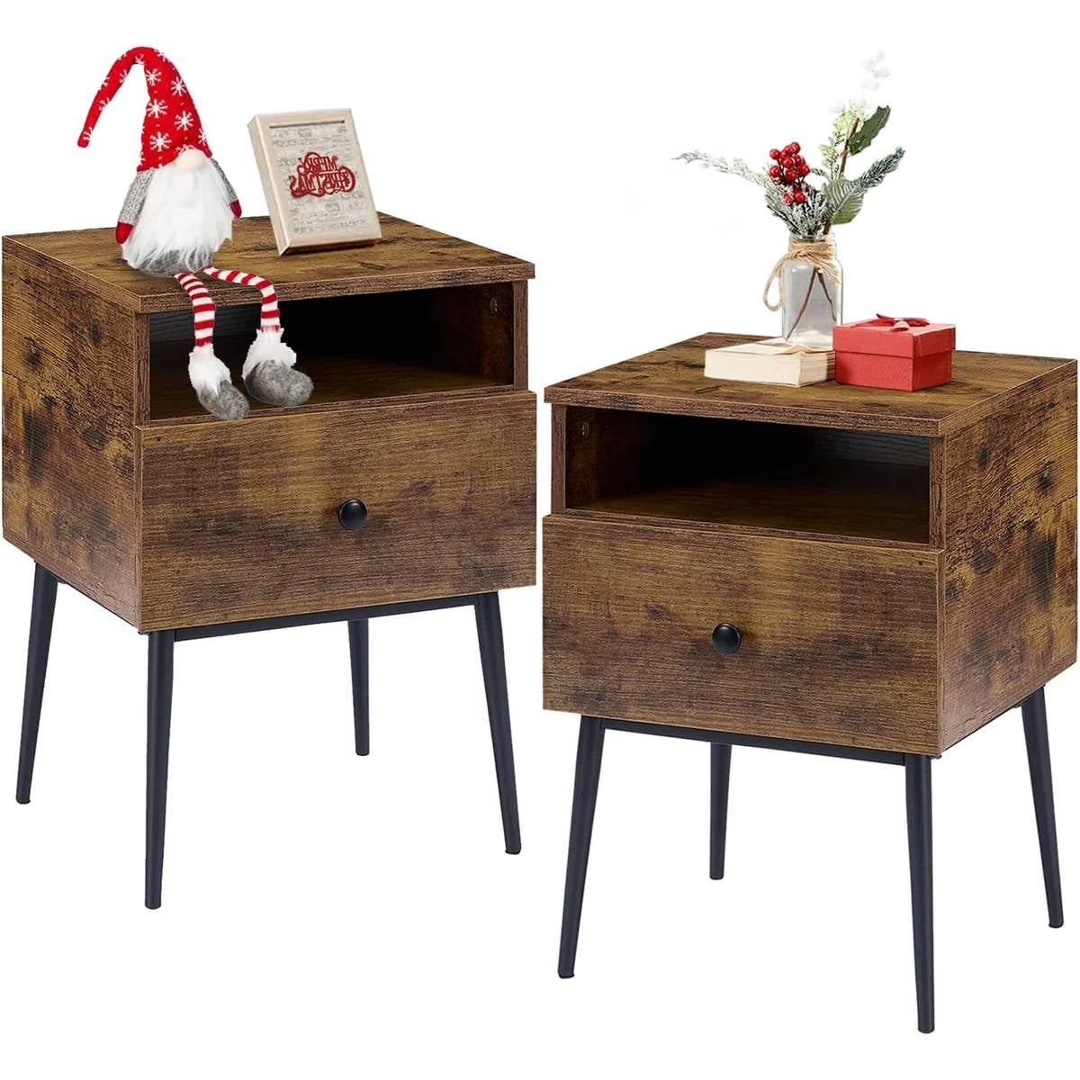Set of 2 - Mid Century Modern Side Table Nightstand in Brown Black Wood Finish-0