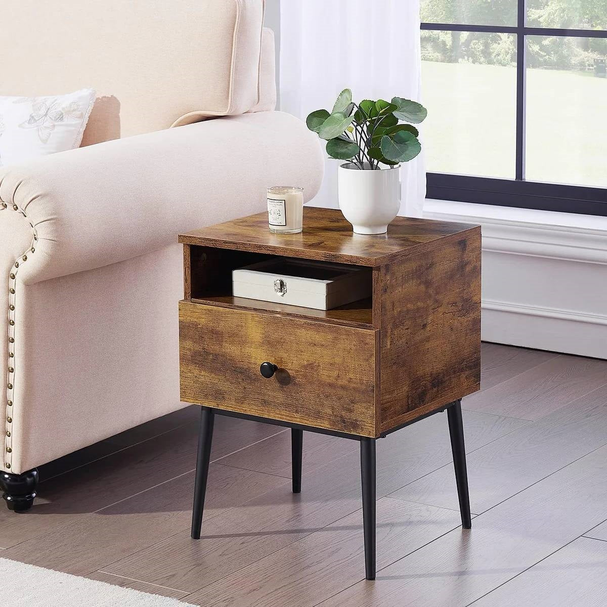 Set of 2 - Mid Century Modern Side Table Nightstand in Brown Black Wood Finish-2