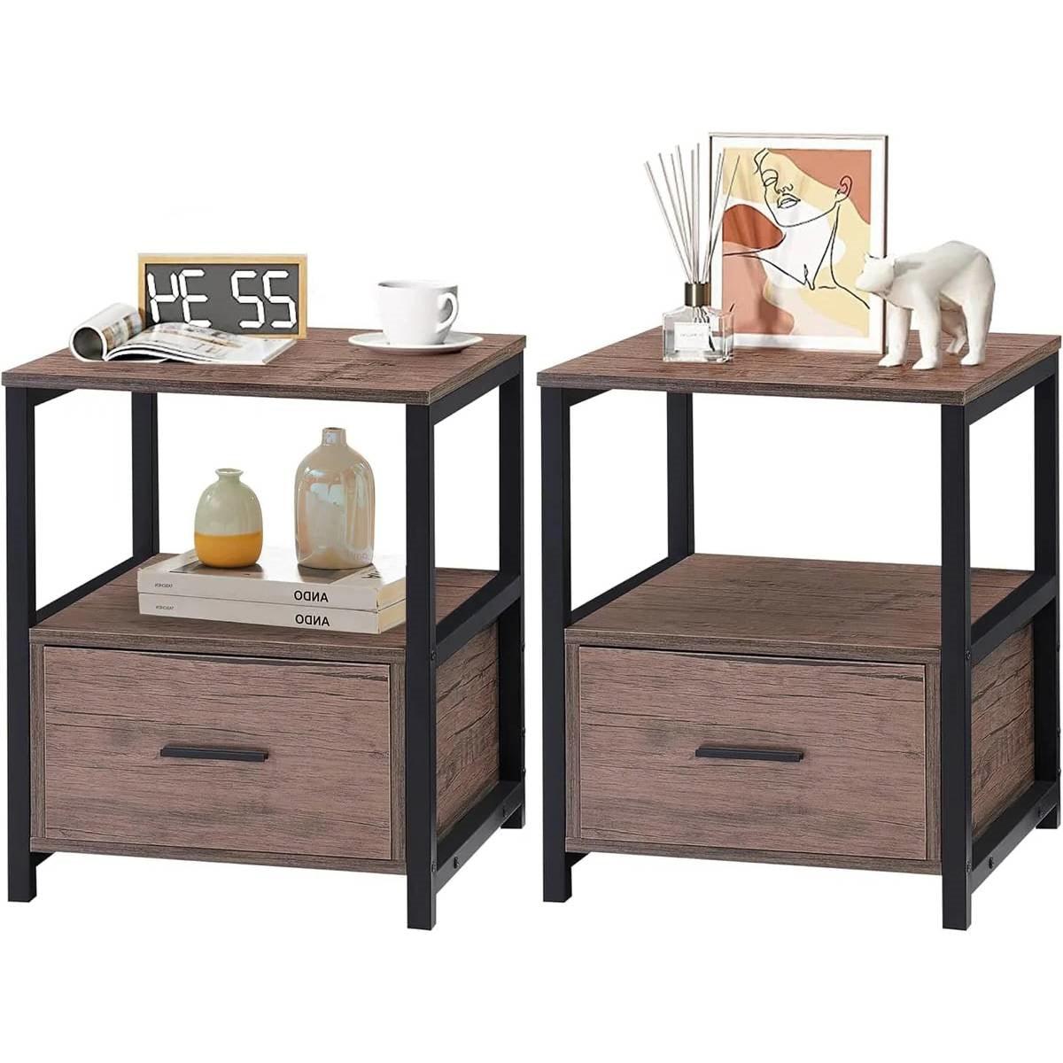 Set of 2 - Modern Metal Wood Side End Table Nightstand with Storage Drawer-0