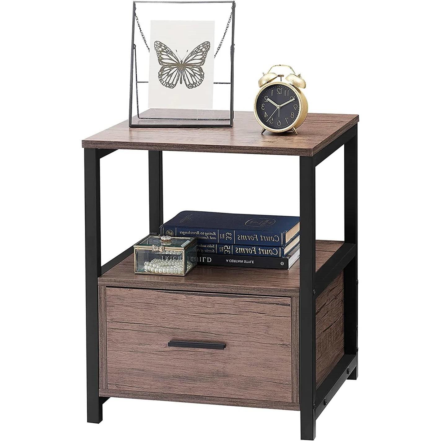Set of 2 - Modern Metal Wood Side End Table Nightstand with Storage Drawer-1