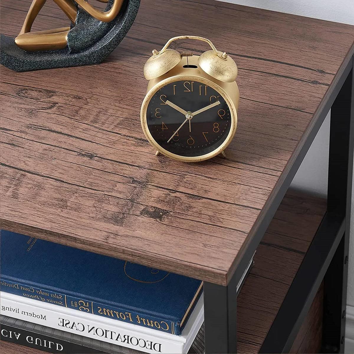 Set of 2 - Modern Metal Wood Side End Table Nightstand with Storage Drawer-3