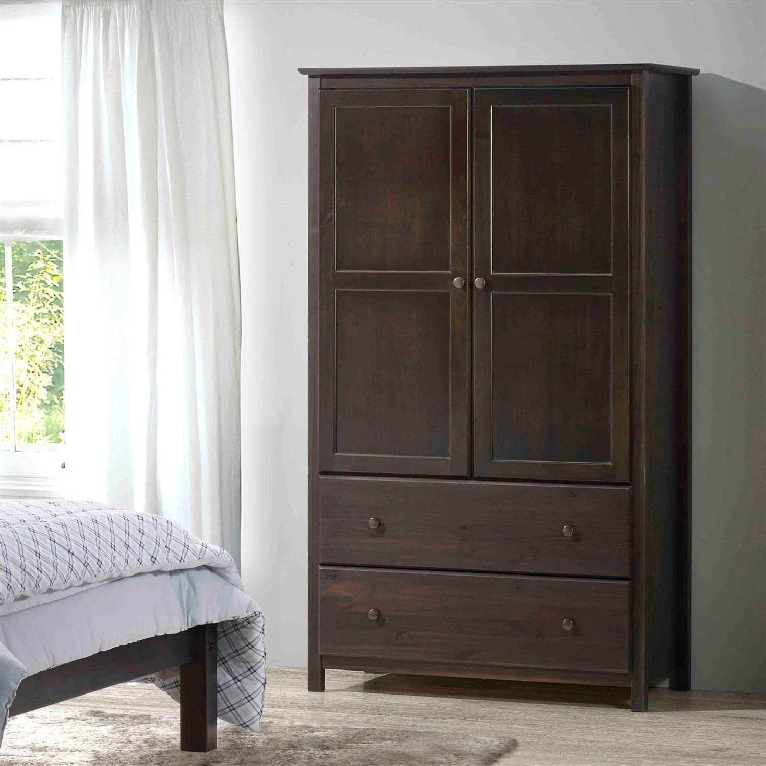 Brown Espresso Solid Wood Bedroom Armoire Wardrobe Cabinet with Hanging Bar - PRHOMZ