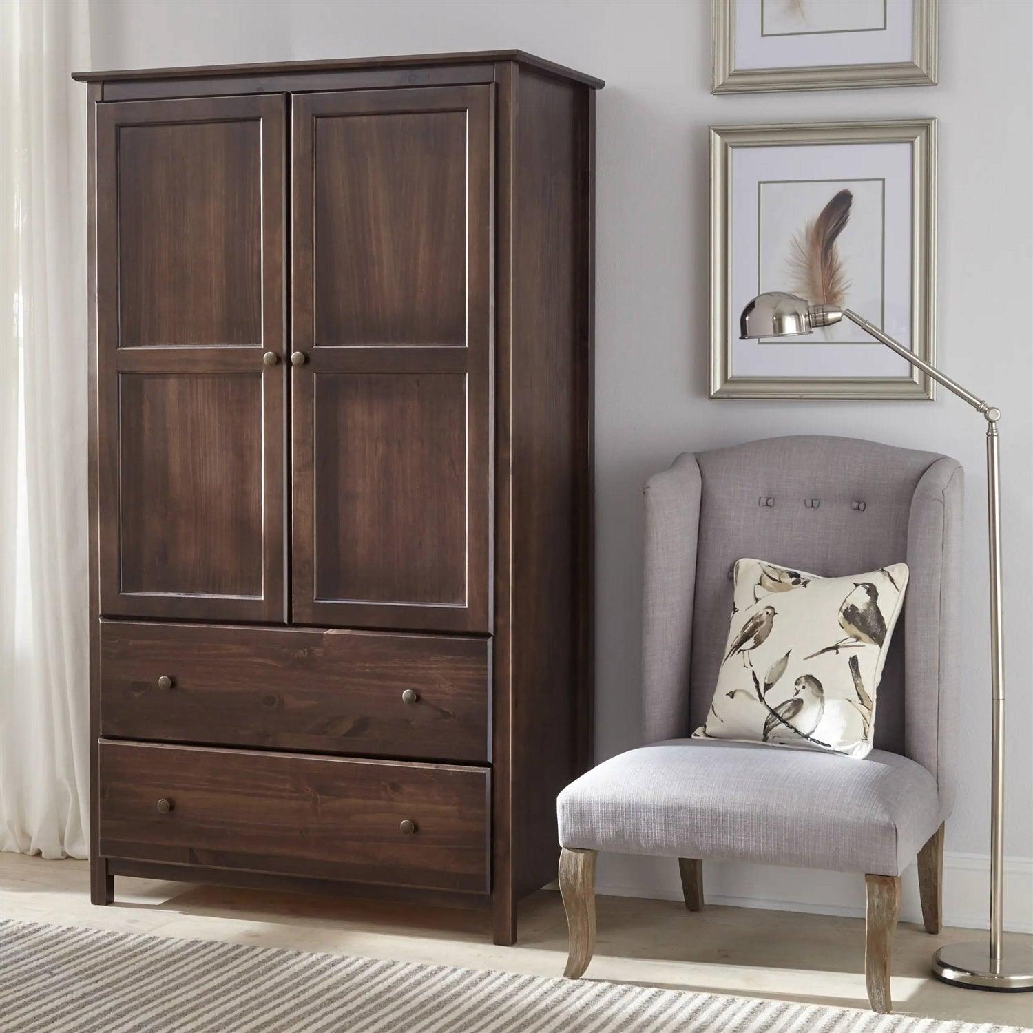 Brown Espresso Solid Wood Bedroom Armoire Wardrobe Cabinet with Hanging Bar - PRHOMZ