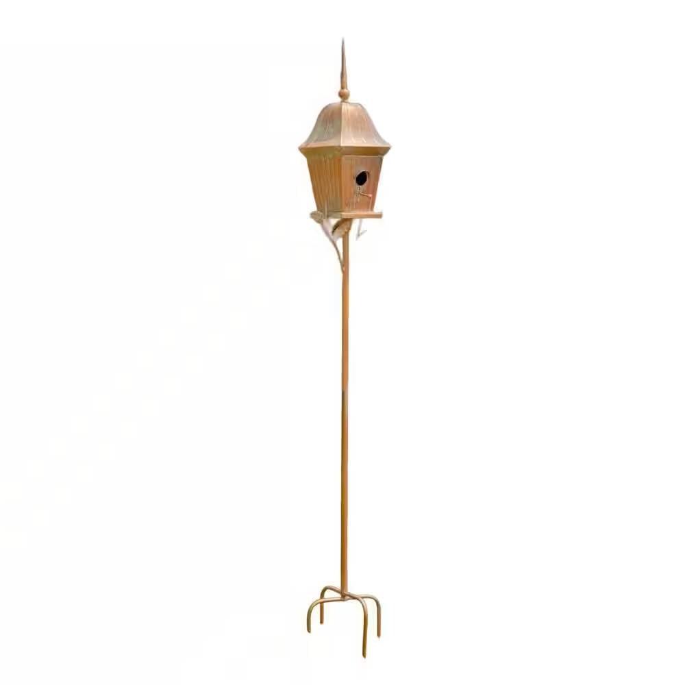 Copper Finish Metal Garden Birdhouse with Stake and Pole - PRHOMZ