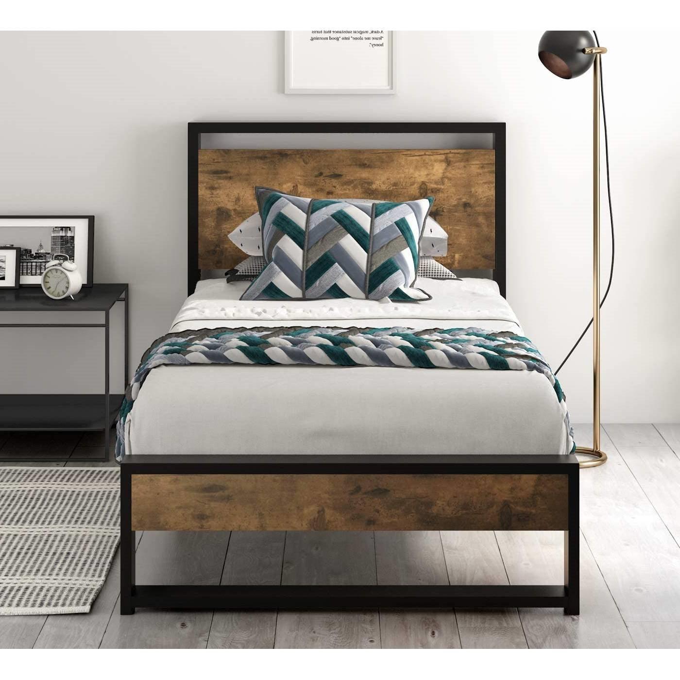 Twin size Metal Wood Platform Bed Frame with Industrial Headboard - PRHOMZ