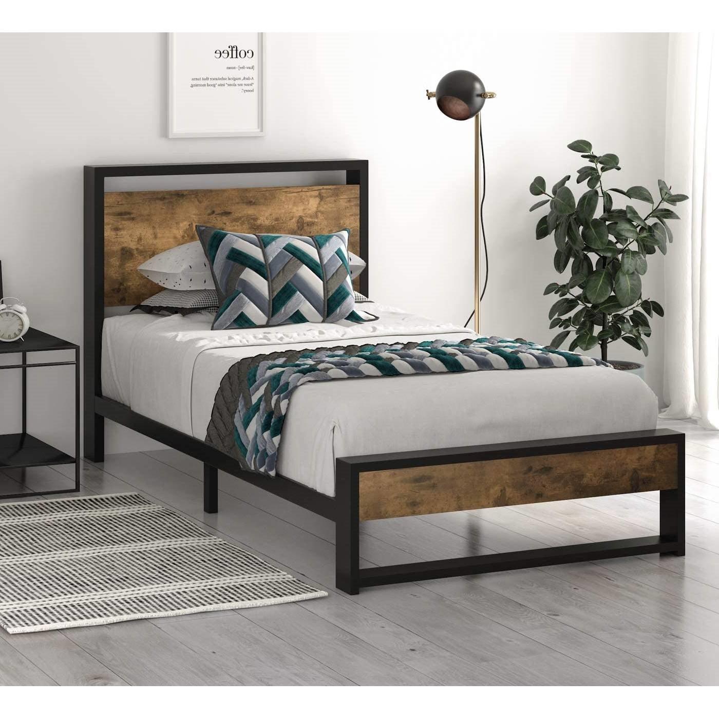 Twin size Metal Wood Platform Bed Frame with Industrial Headboard - PRHOMZ