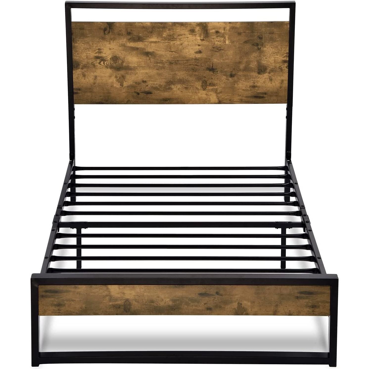 Twin size Metal Wood Platform Bed Frame with Industrial Headboard - PRHOMZ