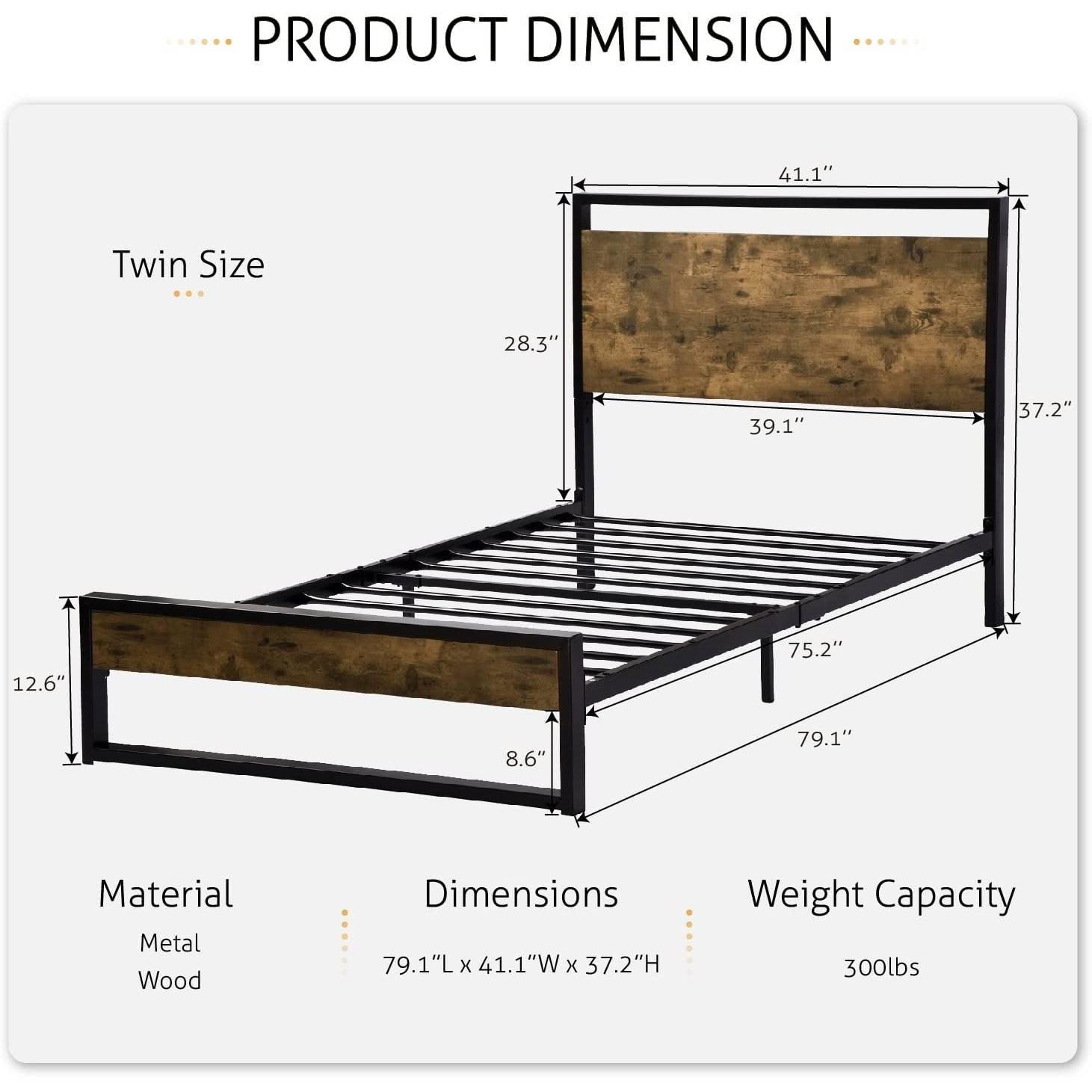 Twin size Metal Wood Platform Bed Frame with Industrial Headboard - PRHOMZ