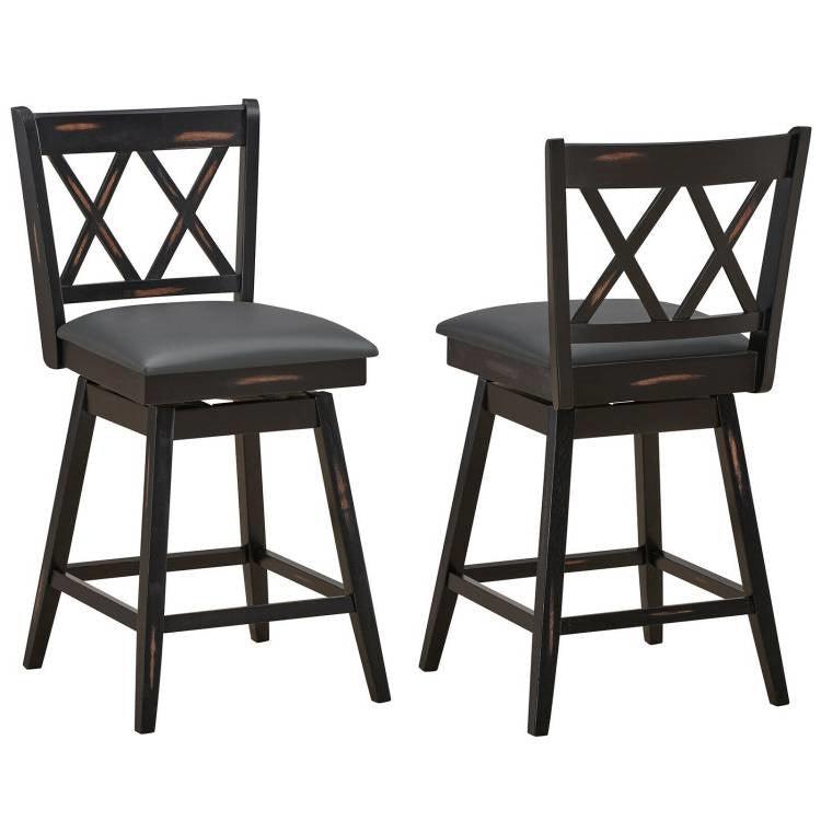 Set of 2 Black Wood 24-in Counter Height Farmhouse Swivel Cushion Seat Barstools - PRHOMZ
