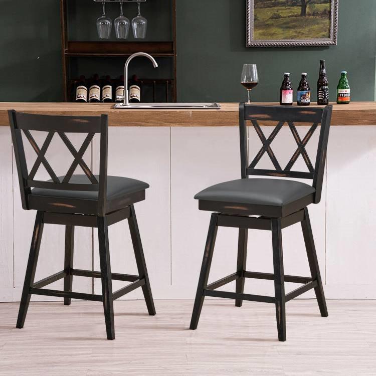 Set of 2 Black Wood 24-in Counter Height Farmhouse Swivel Cushion Seat Barstools - PRHOMZ