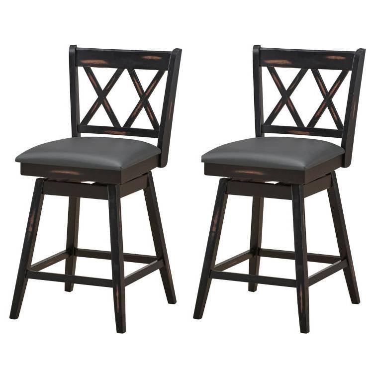 Set of 2 Black Wood 24-in Counter Height Farmhouse Swivel Cushion Seat Barstools - PRHOMZ