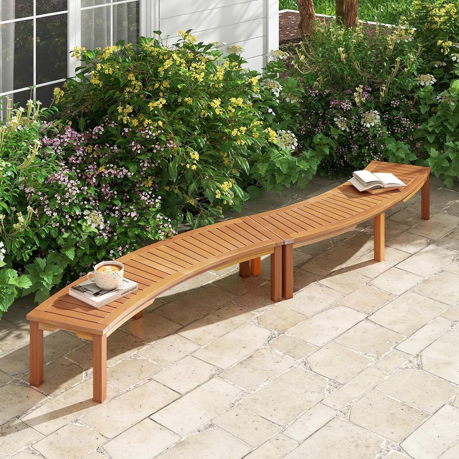 Set of 2 - Outdoor Backless Wooden Garden Bench with Modern Arch Design-1