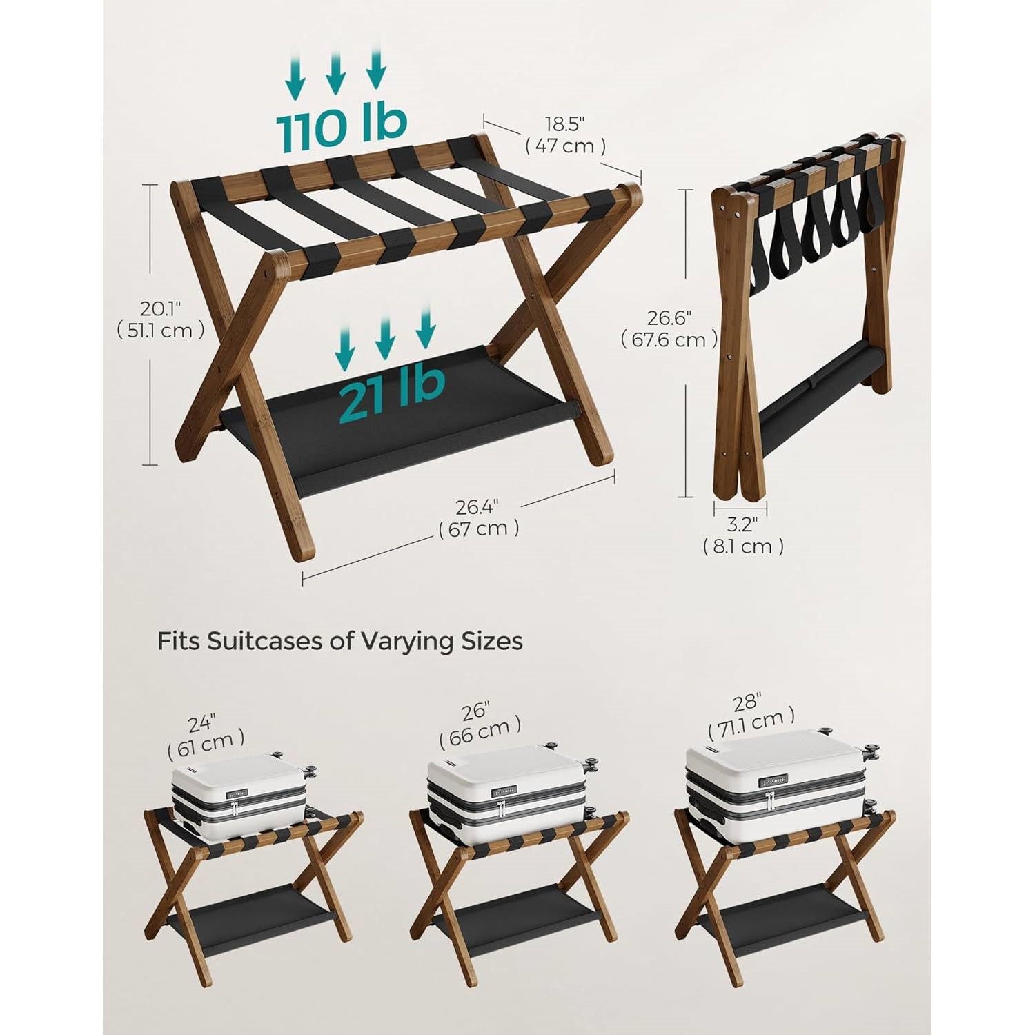 Set of 2 - Sturdy Luggage Rack in Walnut Wood Finish with Lower Storage Shelf-4