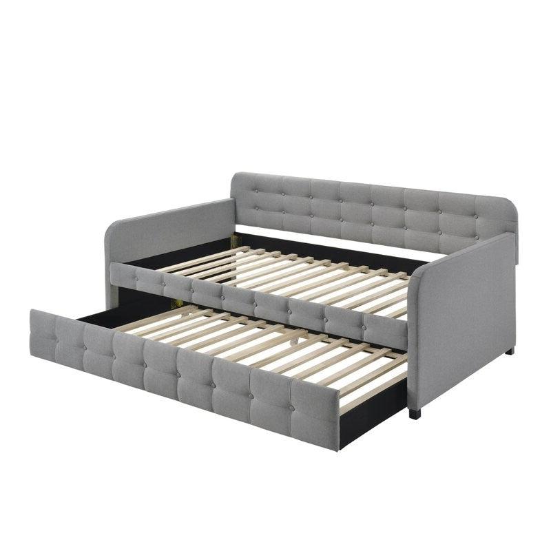 Gray Tufted Polyester Linen Twin Daybed with Trundle - PRHOMZ