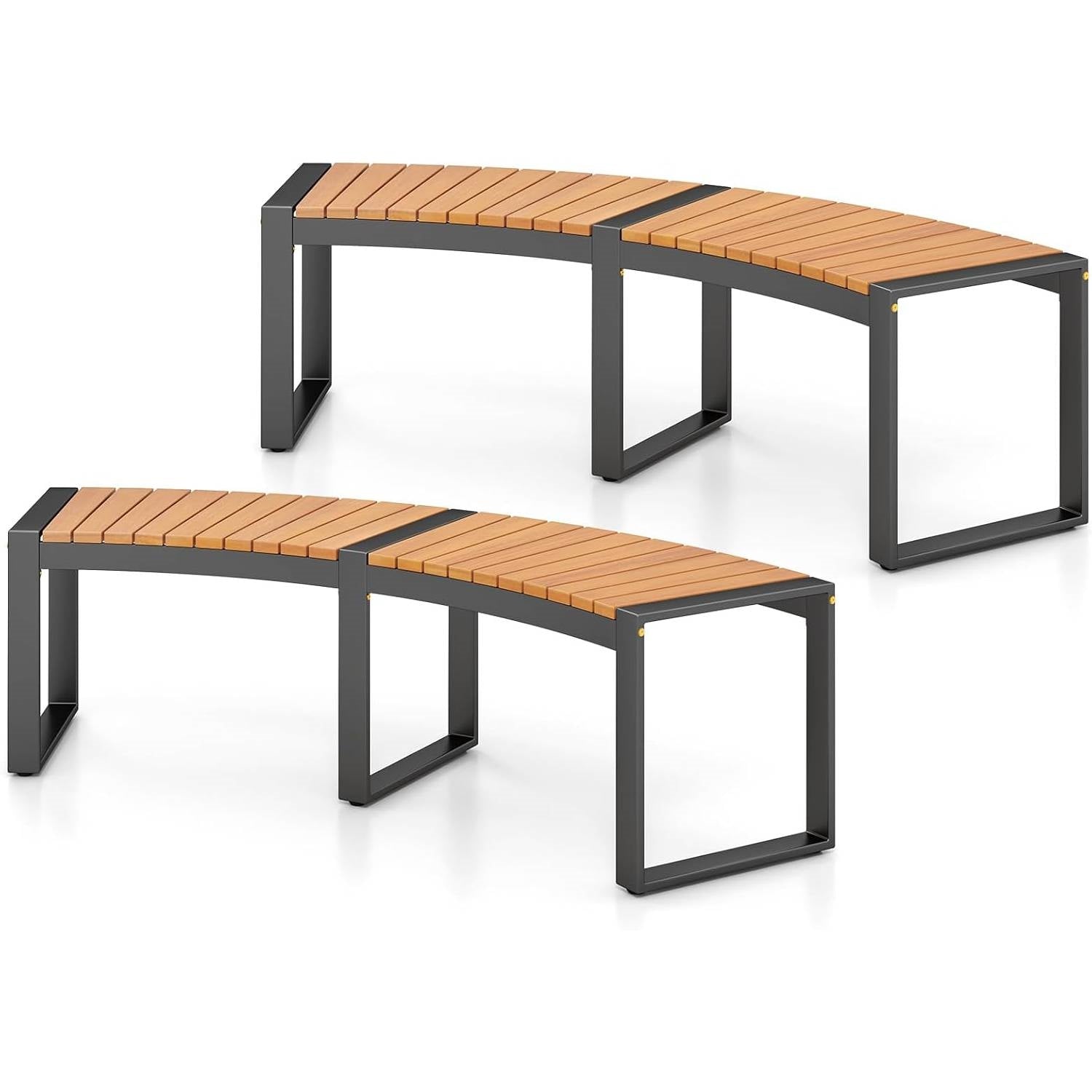 Set of 2 - Outdoor Metal Wood Backless Garden Bench with Modern Curved Design-0