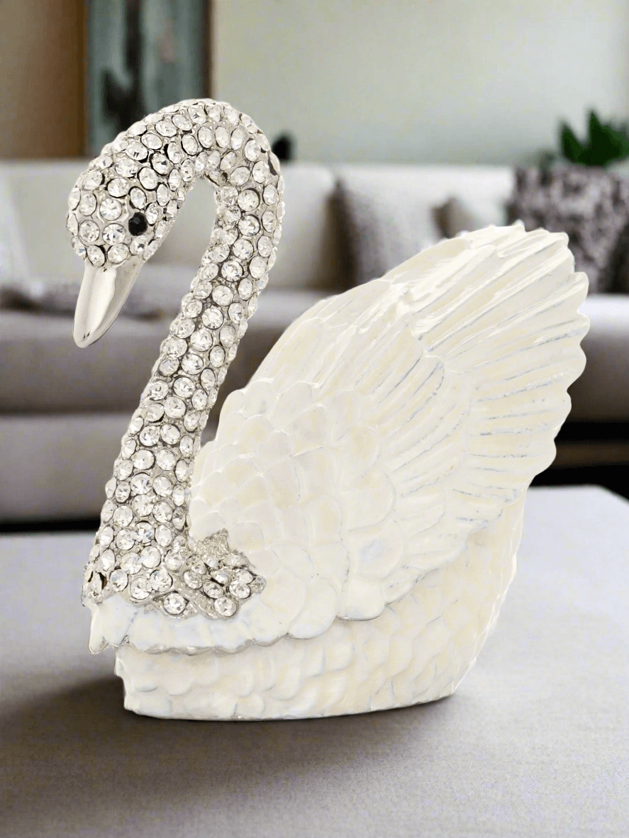 White Swan with Crystal Neck – Elegant Home Decor Accent - PRHOMZ
