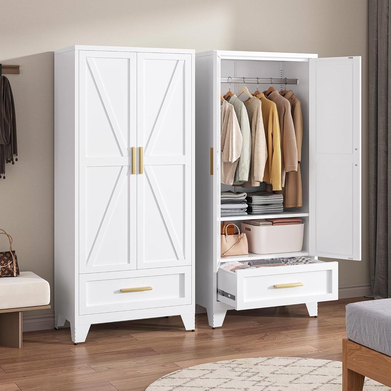 White 2-Door Wardrobe Armoire Cabinet with Storage Drawer and Hanging Rod-3