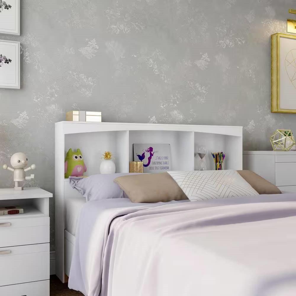 Full size Modern Farmhouse Bookcase Headboard in White Wood Finish - PRHOMZ