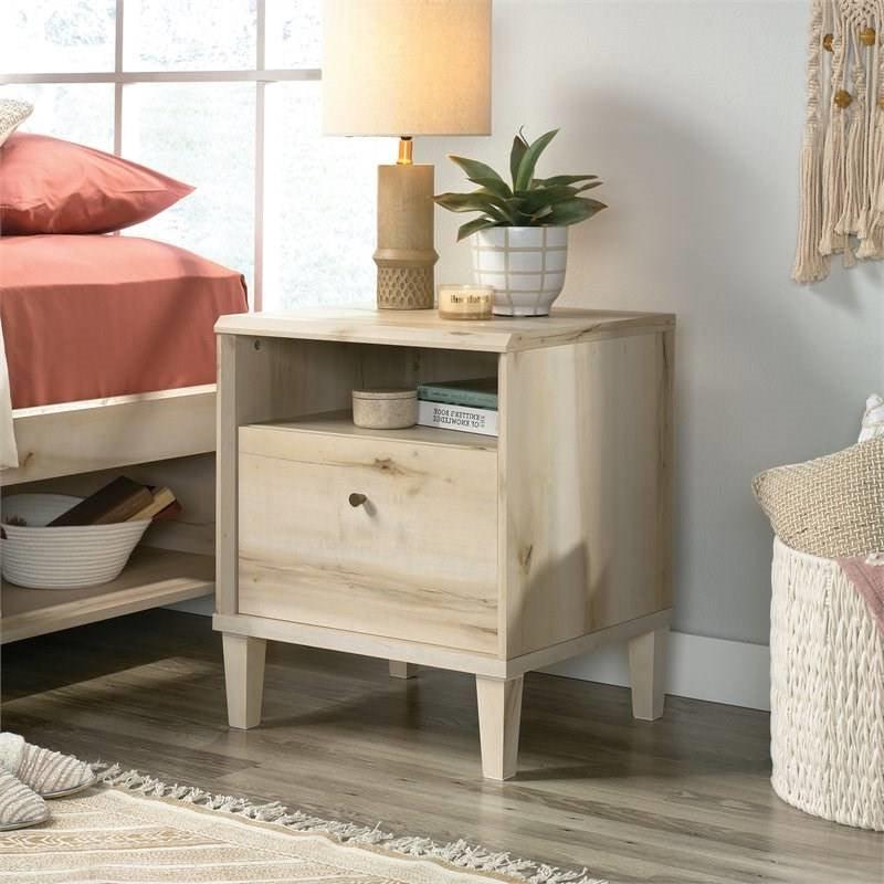 Light Maple Wood Farmhouse Style 1-Drawer Nightstand with Open Shelf - PRHOMZ