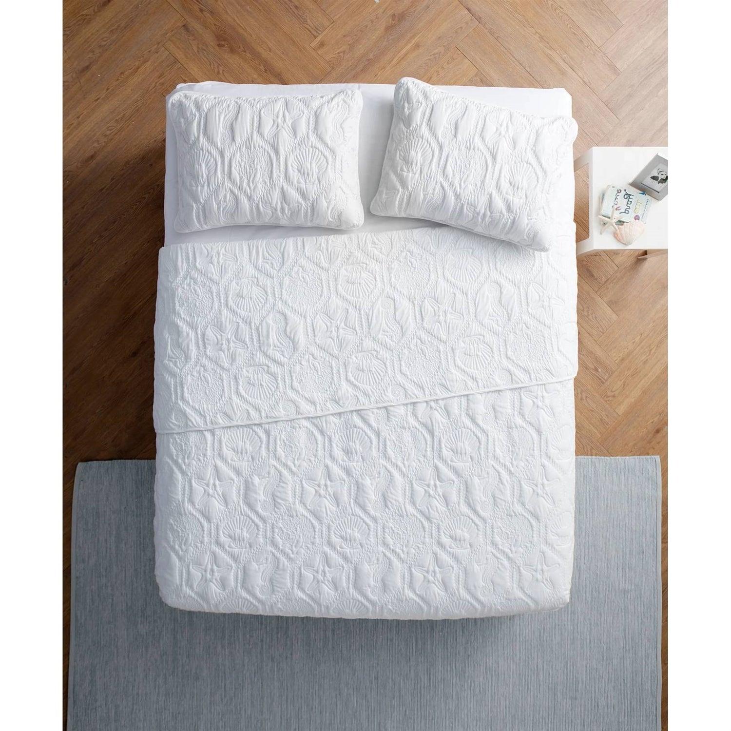 Queen size Coastal Beach Seashells Starfish Sea Horse White 3-Piece Quilt Set - PRHOMZ