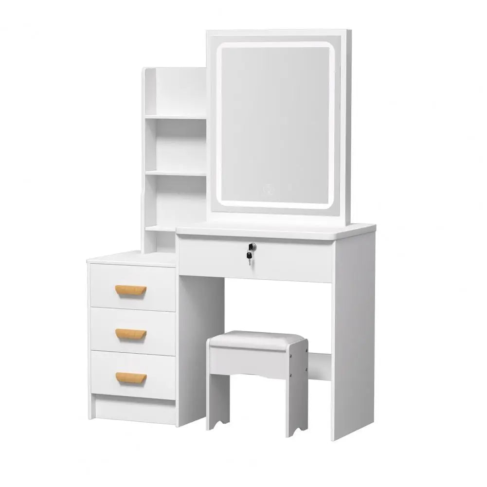 Makeup Vanity Desk with LED Lighted Mirror, Vanity Table with 4 Drawers and Opening Shelves, Bedroom Dressing Table with Stool