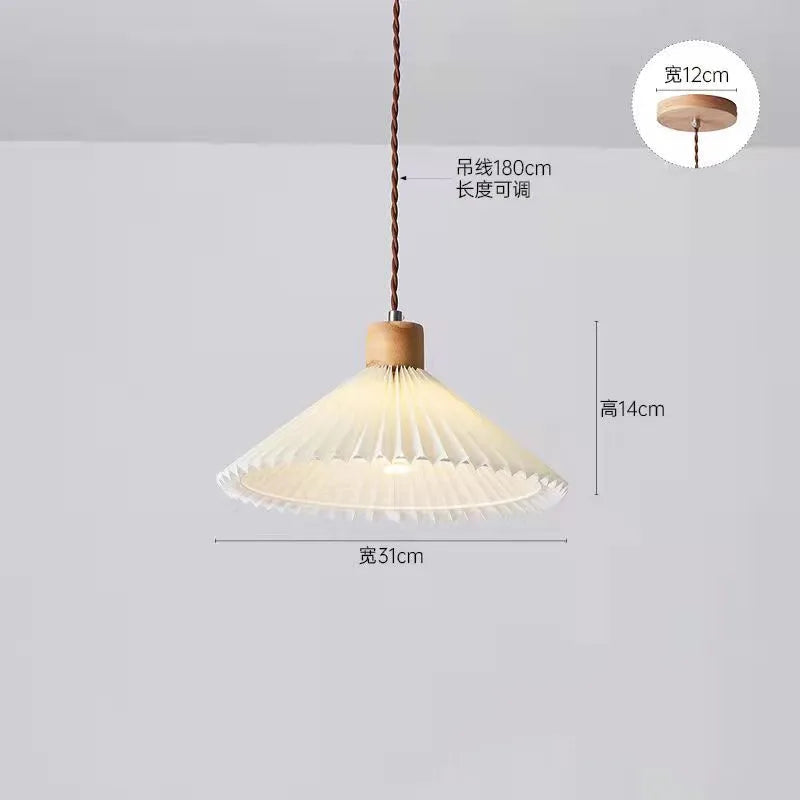 Retro Pleated Pendant Light For Living Dining Room Bedside Solid Wooden Ceiling Hanging Fabric Lampshade Bar Home Decoration