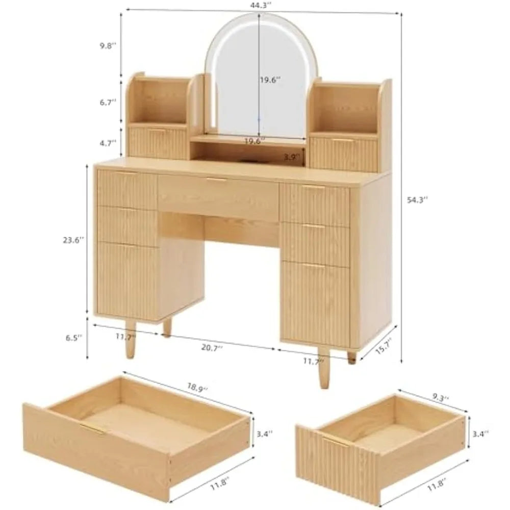 Make up Vanity Desk with Mirror and Lights, Vanity Desk with 7 Drawers and Storage, Modern Dressers for Bedroom, Wood Color Arc