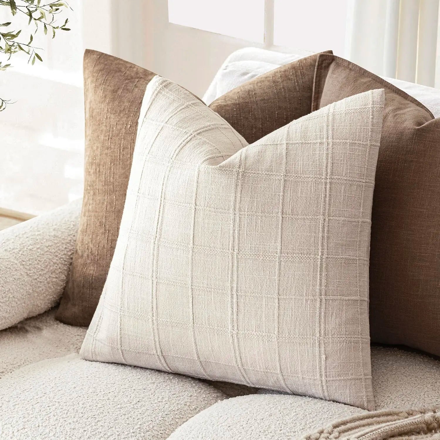 Linen Check Throw Pillow Covers Set