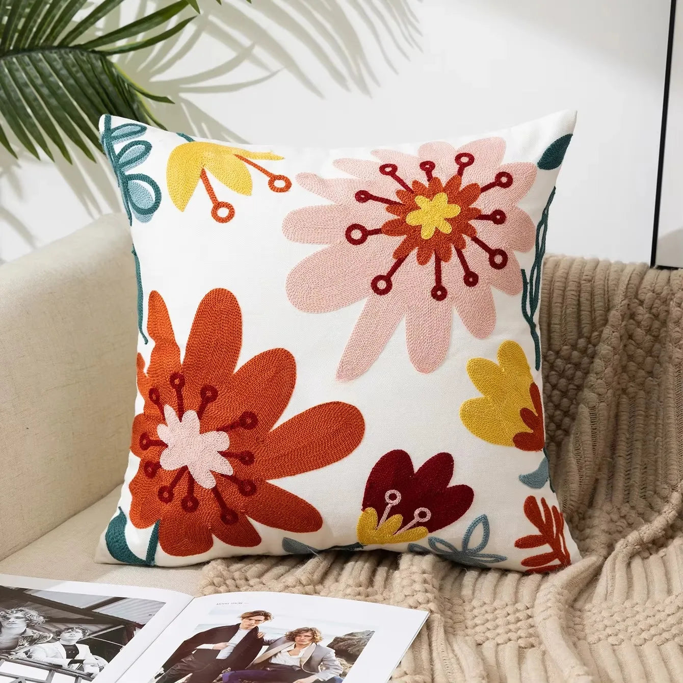 Flower Embroidered Throw Pillow Cover