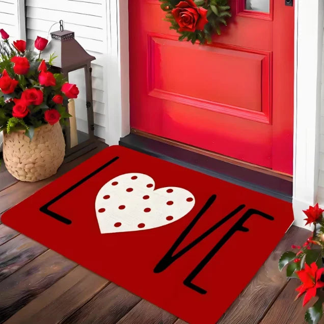 Valentine's Day Heart Welcome Doormat Rectangular Mat with Red White Heart Design Hand Washable for Home Entrance Home Decor
