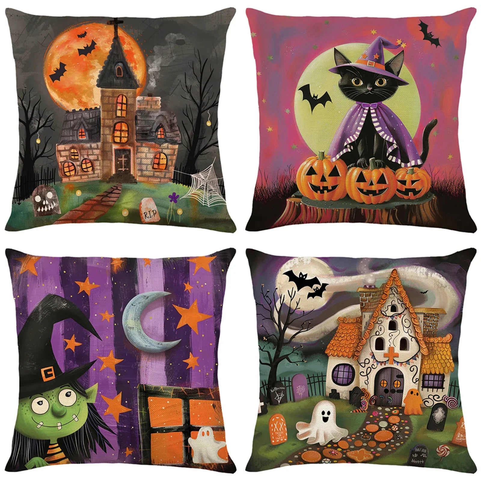 Halloween Linen Throw Pillow Covers Set