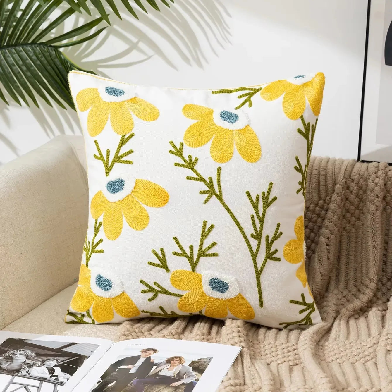 Flower Embroidered Throw Pillow Cover