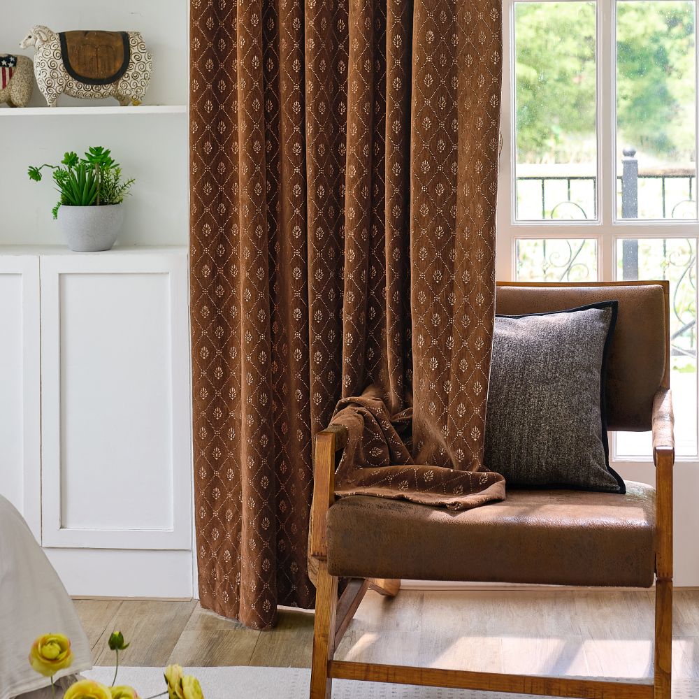Scarlett Caramel Diamond Trellis Floral Velvet Curtains