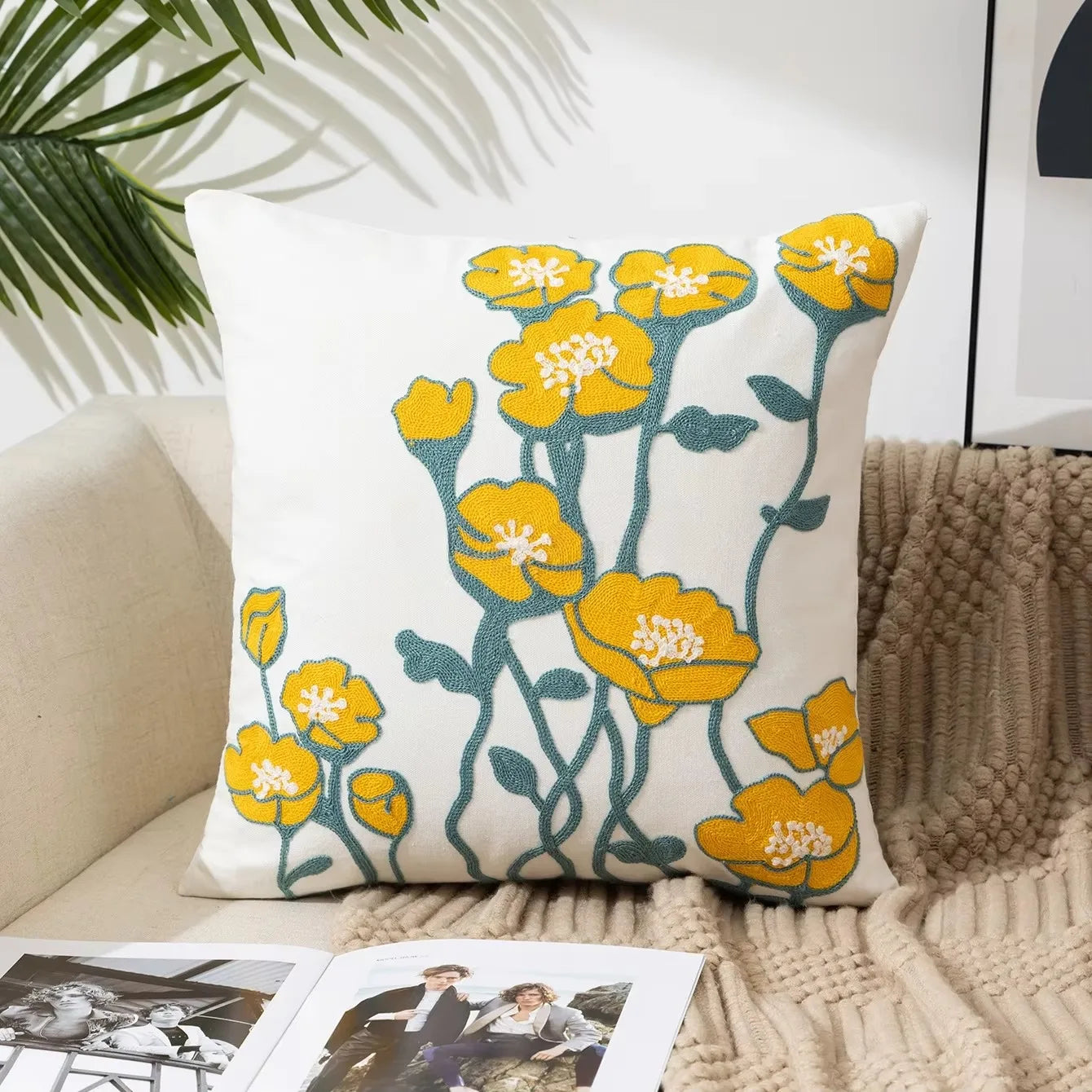 Flower Embroidered Throw Pillow Cover