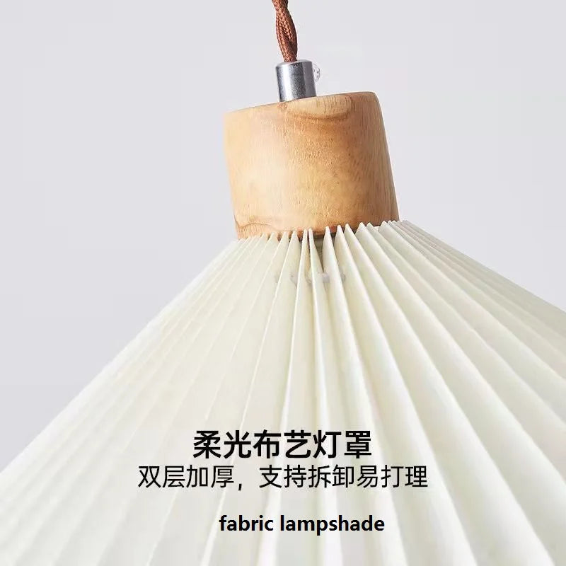 Retro Pleated Pendant Light For Living Dining Room Bedside Solid Wooden Ceiling Hanging Fabric Lampshade Bar Home Decoration