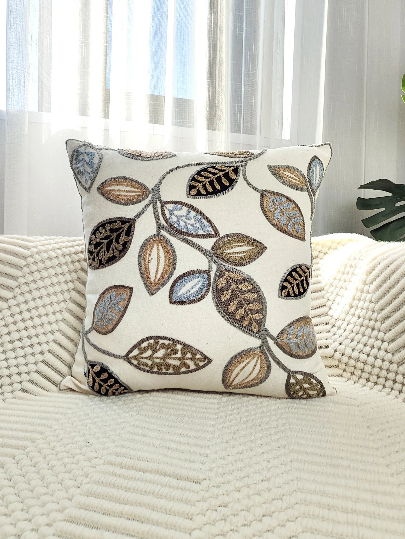 Leaf Embroidered Throw Pillow Case