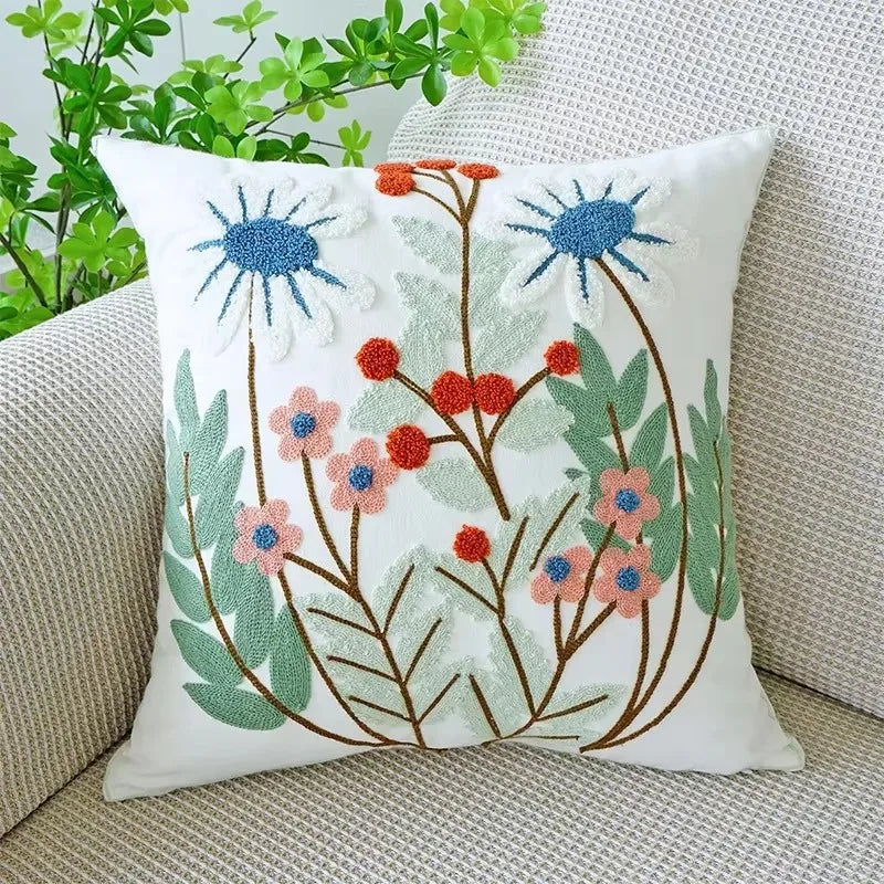 Flower Embroidered Throw Pillow Cover