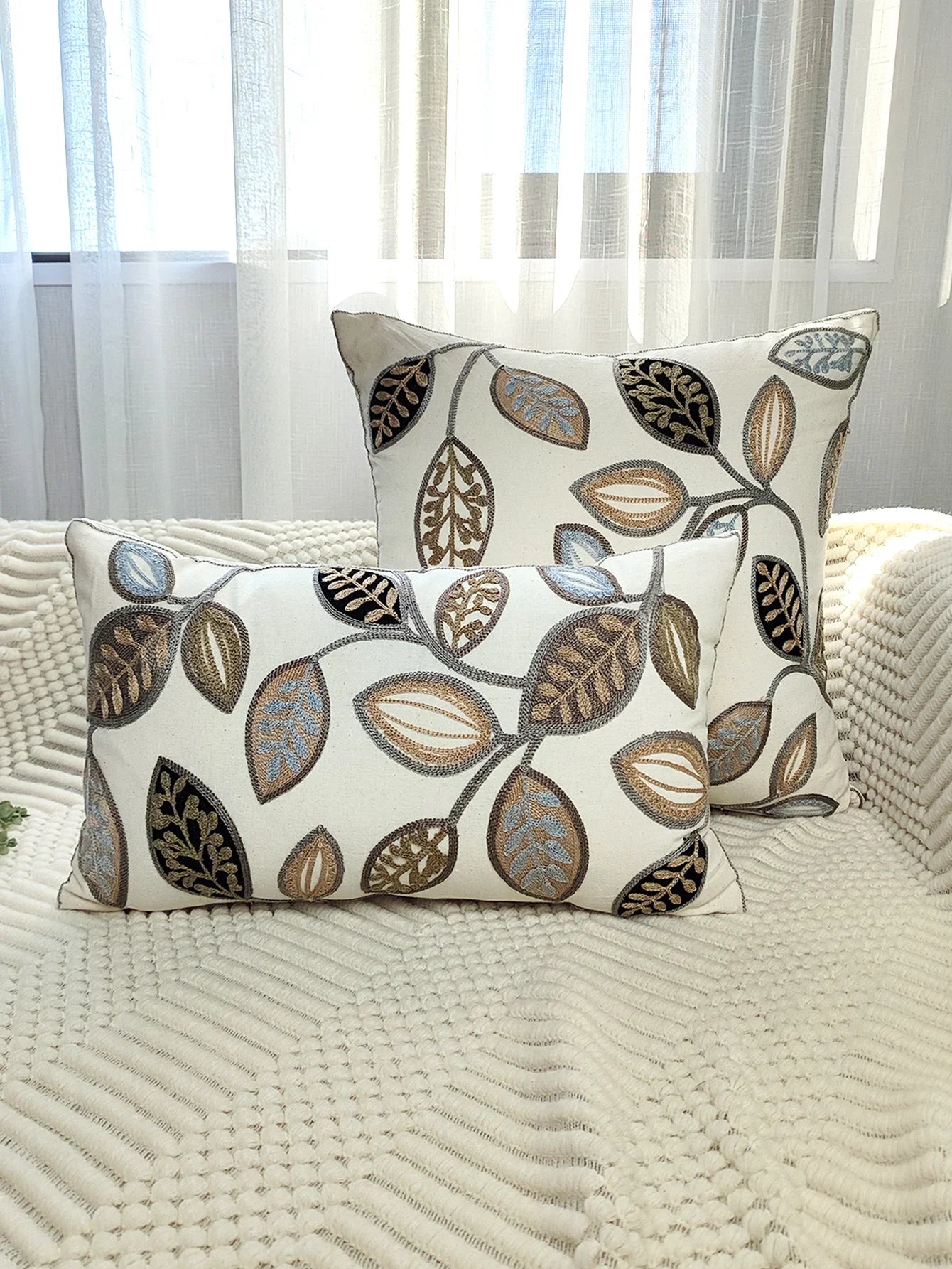 Leaf Embroidered Throw Pillow Case