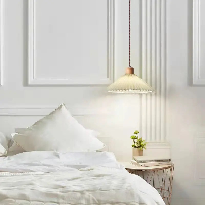 Retro Pleated Pendant Light For Living Dining Room Bedside Solid Wooden Ceiling Hanging Fabric Lampshade Bar Home Decoration