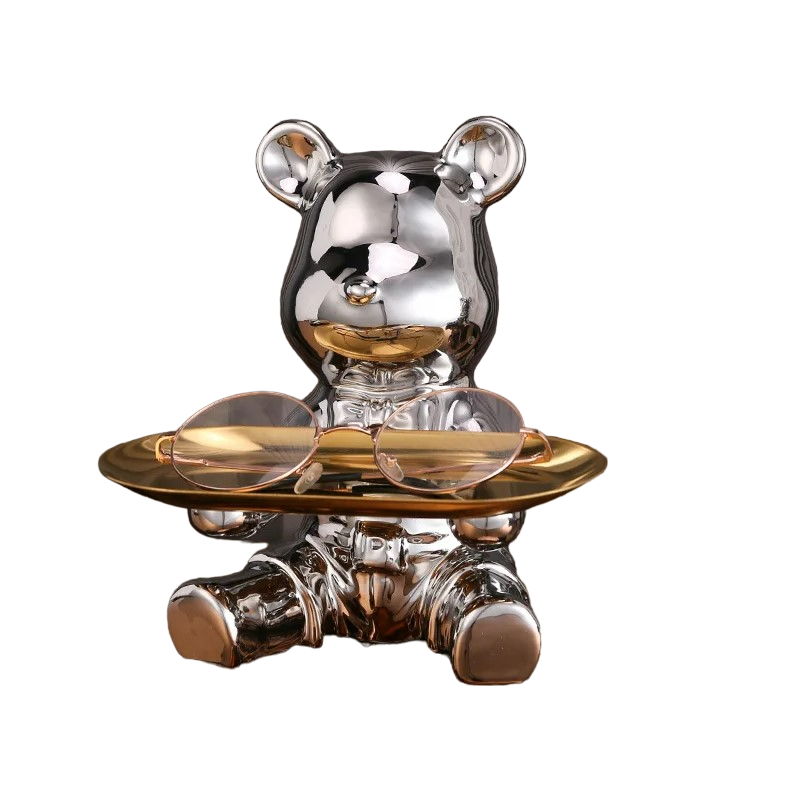 Sculpted Elegance: Silver-B Ceramic Electroplated Bear Doll Ornament-0