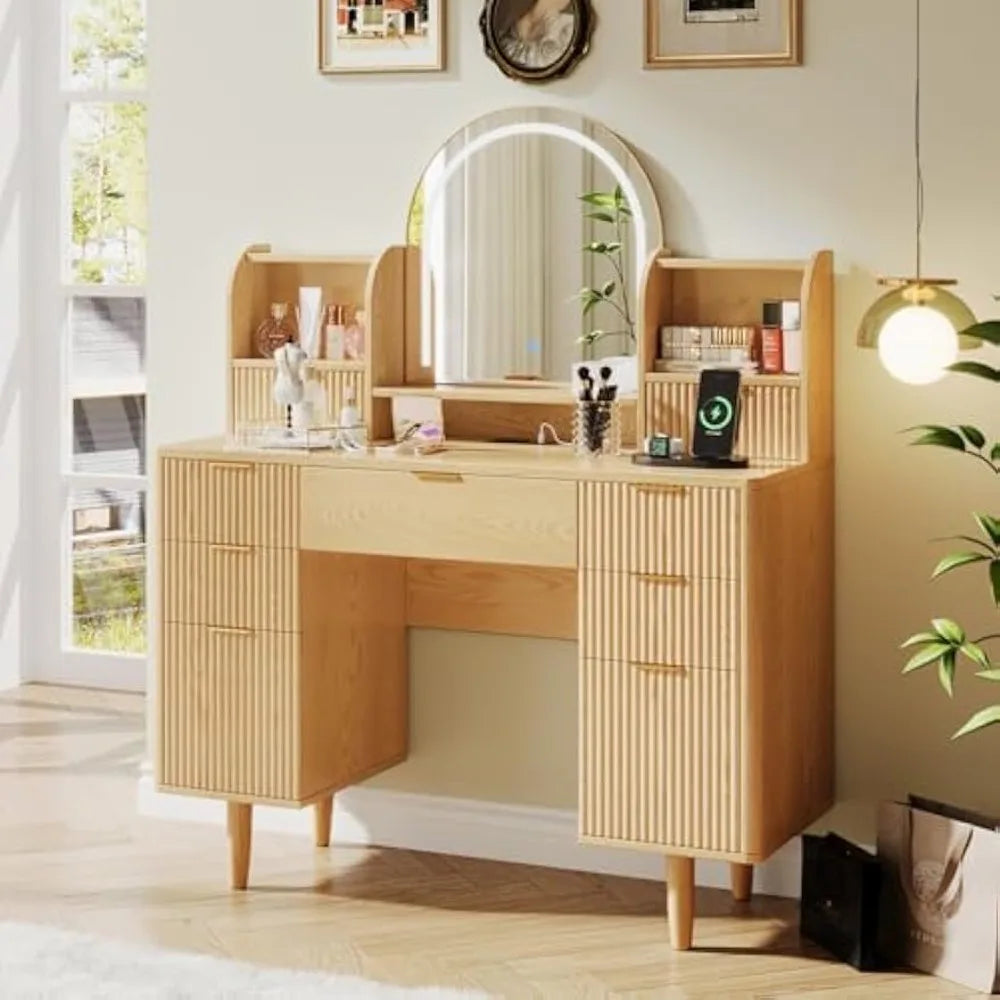 Make up Vanity Desk with Mirror and Lights, Vanity Desk with 7 Drawers and Storage, Modern Dressers for Bedroom, Wood Color Arc