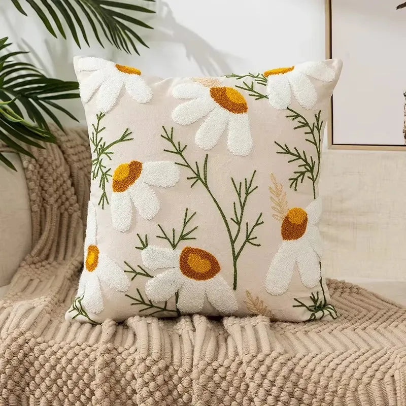 Flower Embroidered Throw Pillow Cover