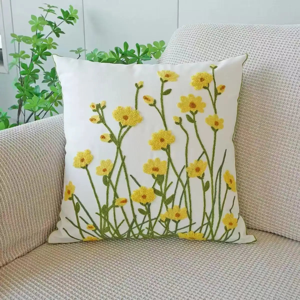 Flower Embroidered Throw Pillow Cover