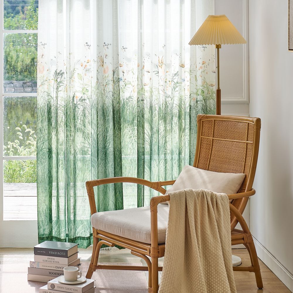 Sicily Green Flowery Lawn Printed Sheer Curtains