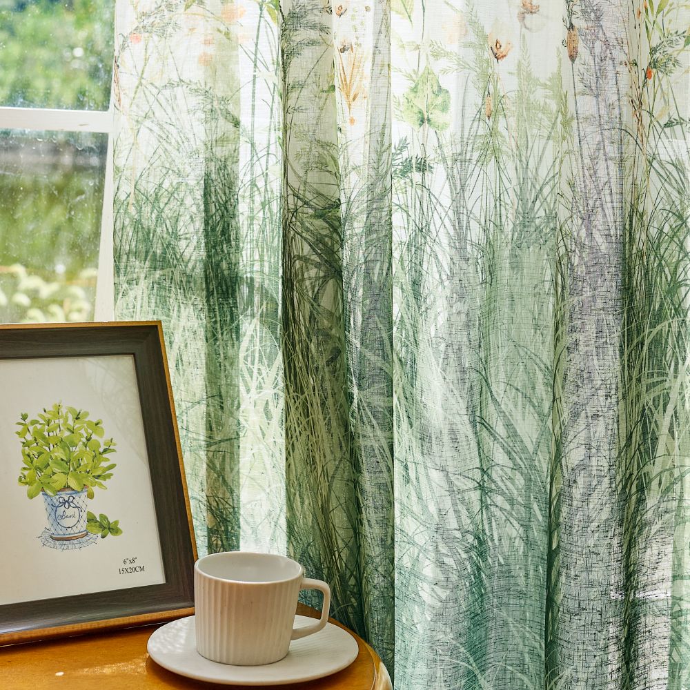 Sicily Green Flowery Lawn Printed Sheer Curtains