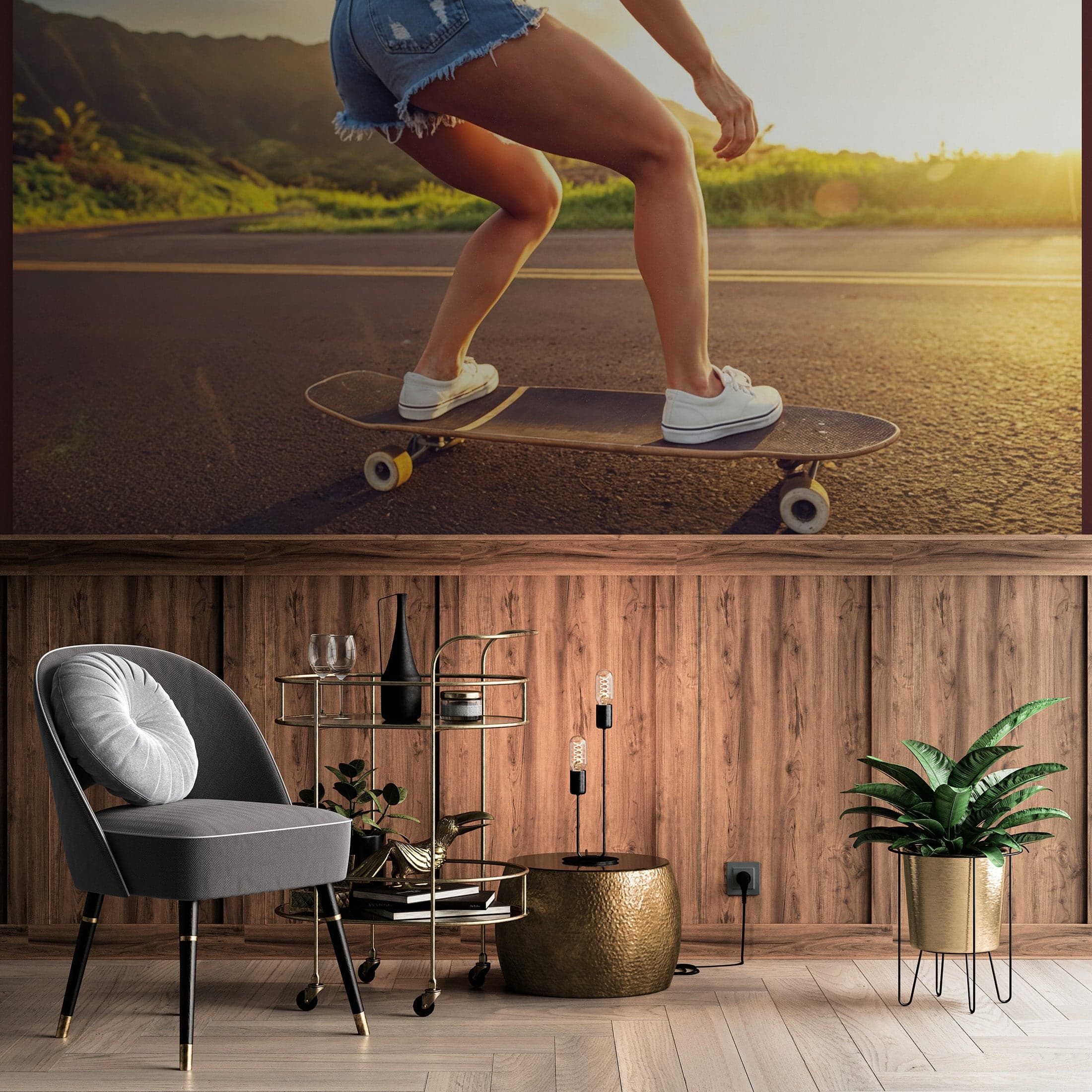 Skater Girl Wallpaper. Tropical Vibe Wall Mural. #7055