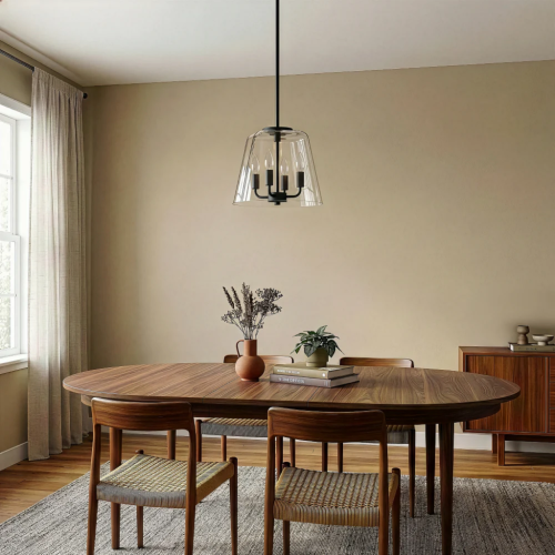 4-Light Candle Pendant Light – Satin Brass Finish & Clear Glass | Elegant Dining Room & Living Room Chandelier