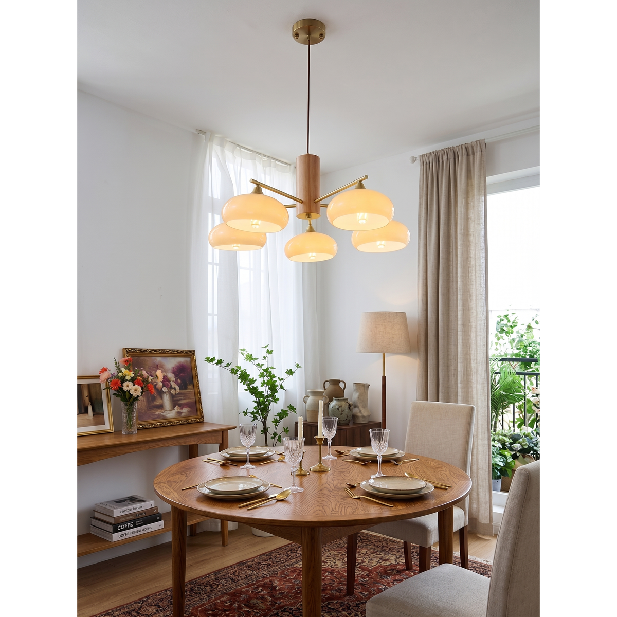 Elliptical Glass Globe Chandelier with Brass Arms | Dining Table Light Fixture