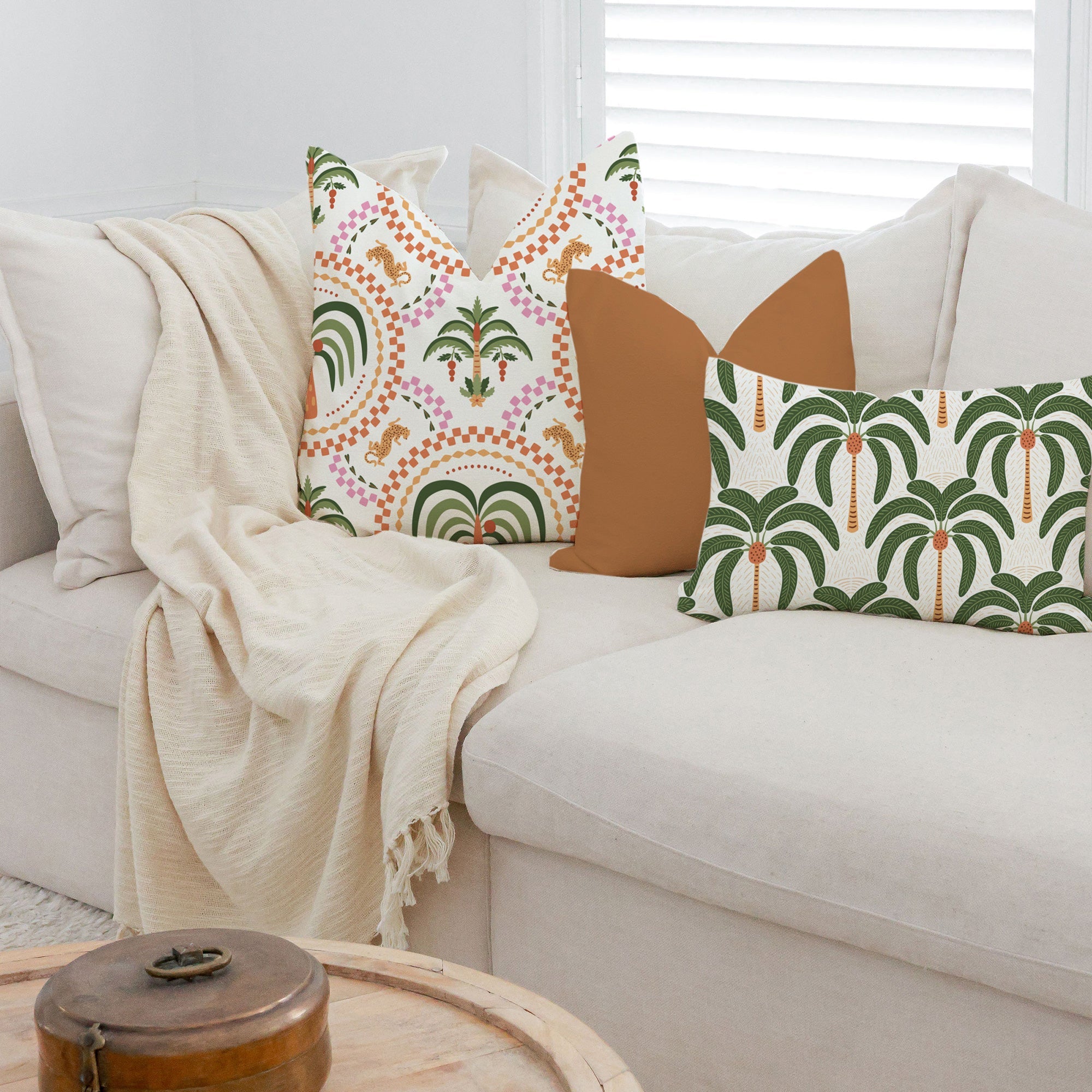 Cushion Cover-With Piping-Palm Mosaic White-60cm x 60cm-1