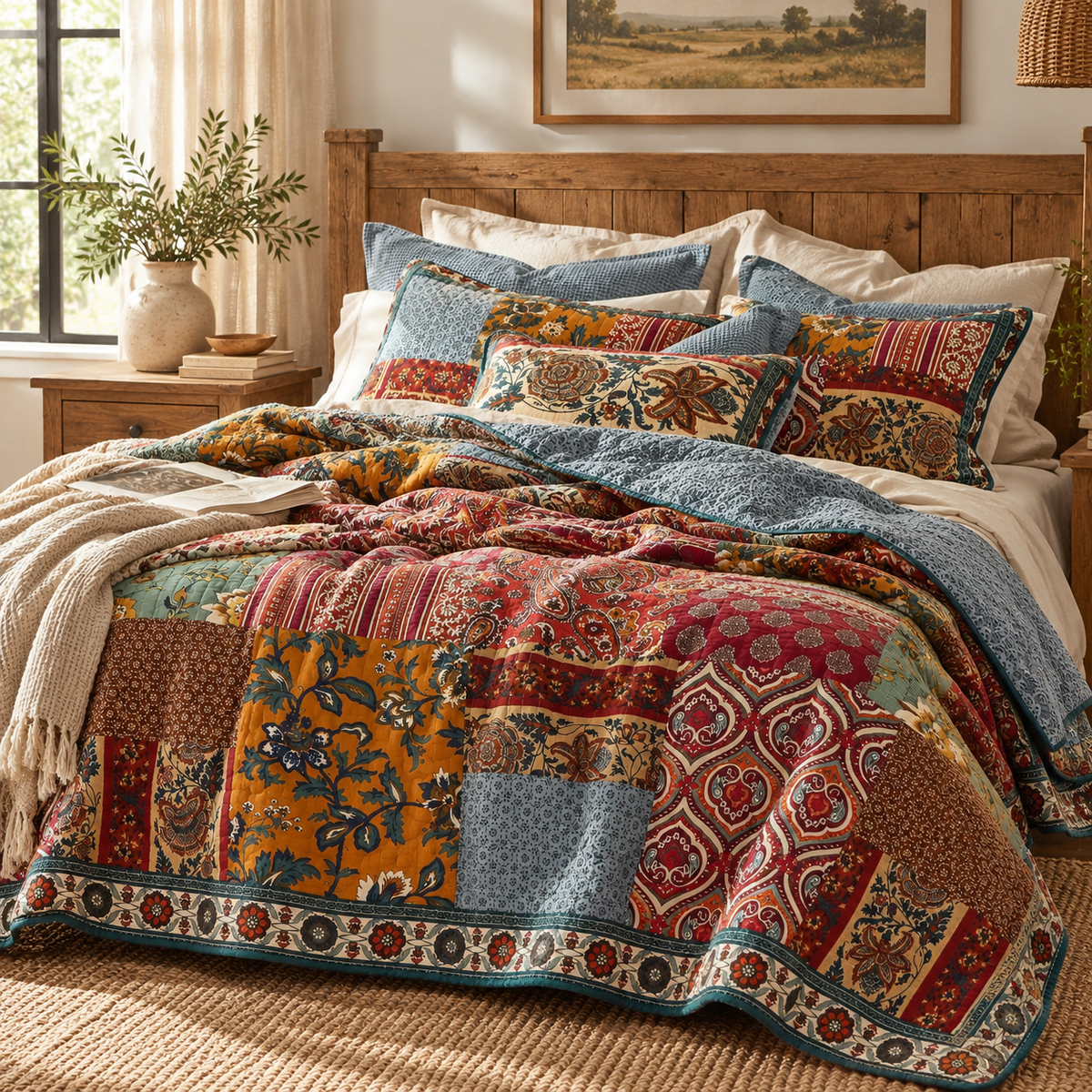 DaDa Bedding Dark Elegance Bohemian Floral Cotton Patchwork Bedspread Set (JHW-550)